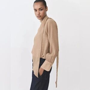 NWT MANGO Textured Tie Neck Blouse Size: Medium Color: Tan